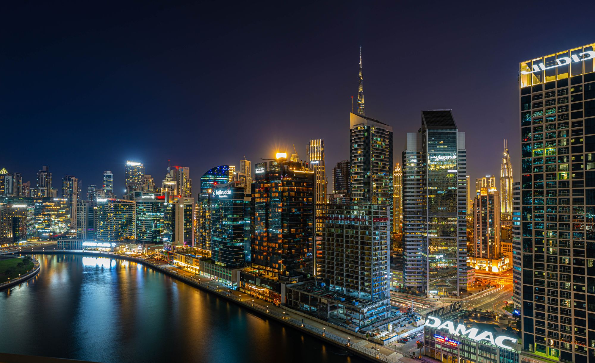 Business Bay skyline in Dubai at night